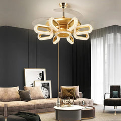 Qulik 48" Modern Chandelier Retractable Invisible Blade Silent 3 Color Change LED Remote Ceiling Fan (Golden) | Q-K6303