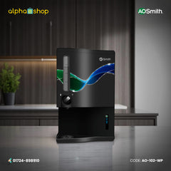 A. O. Smith B5 water purifier in black featuring a water level window, wave pattern graphics, a twist dial dispenser, and LED indicator lights.