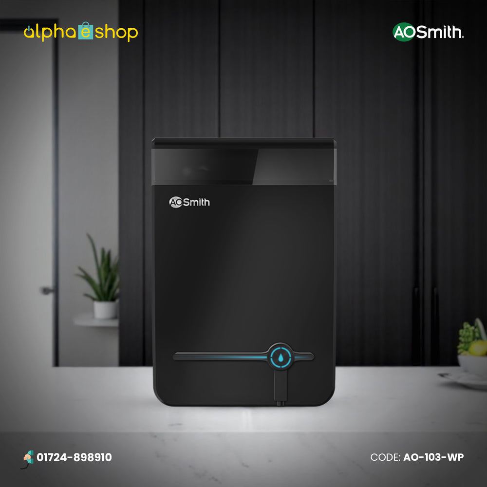 A. O. Smith Intelli U2+ water purifier in black featuring a sleek front panel and illuminated water droplet status indicator display.