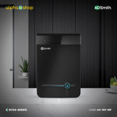 A. O. Smith Intelli U2+ water purifier in black featuring a sleek front panel and illuminated water droplet status indicator display.