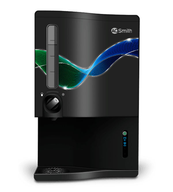 AO Smith B5 black water purifier with SAPC and SCMT purification, water level indicator and front dispensing control.