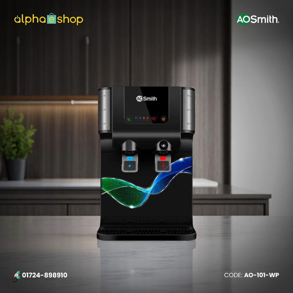 AO Smith B6 black water purifier with RO, SCMT and UV purification, digital display and dual dispensing controls.