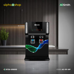 AO Smith B6 black water purifier with RO, SCMT and UV purification, digital display and dual dispensing controls.