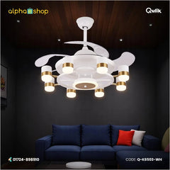 Qulik 48" modern chandelier retractable invisible blade remote ceiling fan with 3 color change LED in White (Q-K6503-WH).