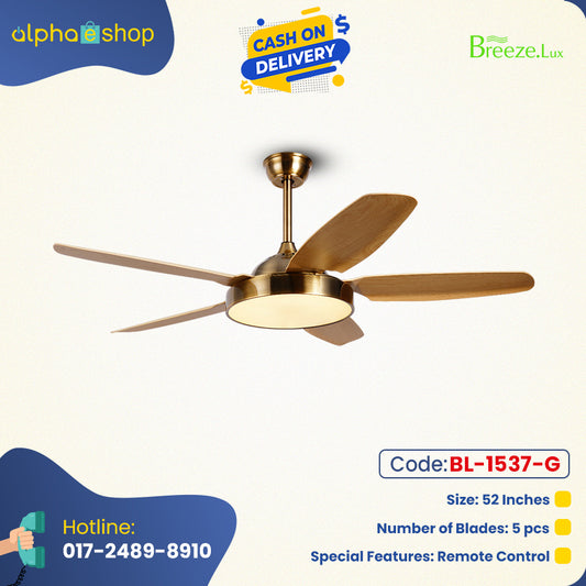 Breezelux 52" Modern Decorative Silent  ABS Blade Underlight with Remote Ceiling Fan (Wood Grain)  BL-1537-G