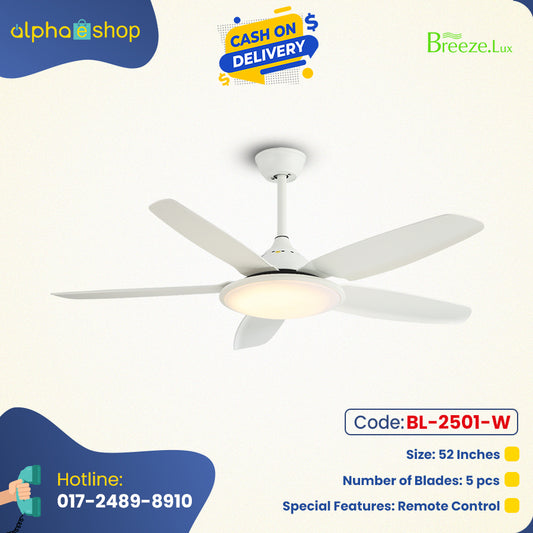 Breezelux  52"  Modern Decorative Silent ABS Blade Underlight with Remote Ceiling Fan ( White) BL-2501-W