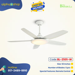 Breezelux 52" Modern Decorative Silent ABS Blade Underlight with Remote Ceiling Fan ( White) BL-2501-W