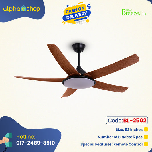 Breezelux 52" Modern Decorative Silent ABS Blade Underlight with Remote Ceiling Fan  (Teak Wood) BL-2502