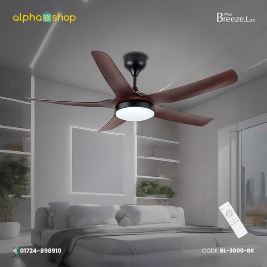 Breezelux 54" Modern Decorative Silent ABS Blade Underlight with Remote Ceiling Fan (Dark Wood) BL-3000-BK