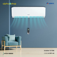 Gree Pular 1.5 Ton inverter split type air conditioner in white color showing cool air airflow illustration and smart wireless remote control.