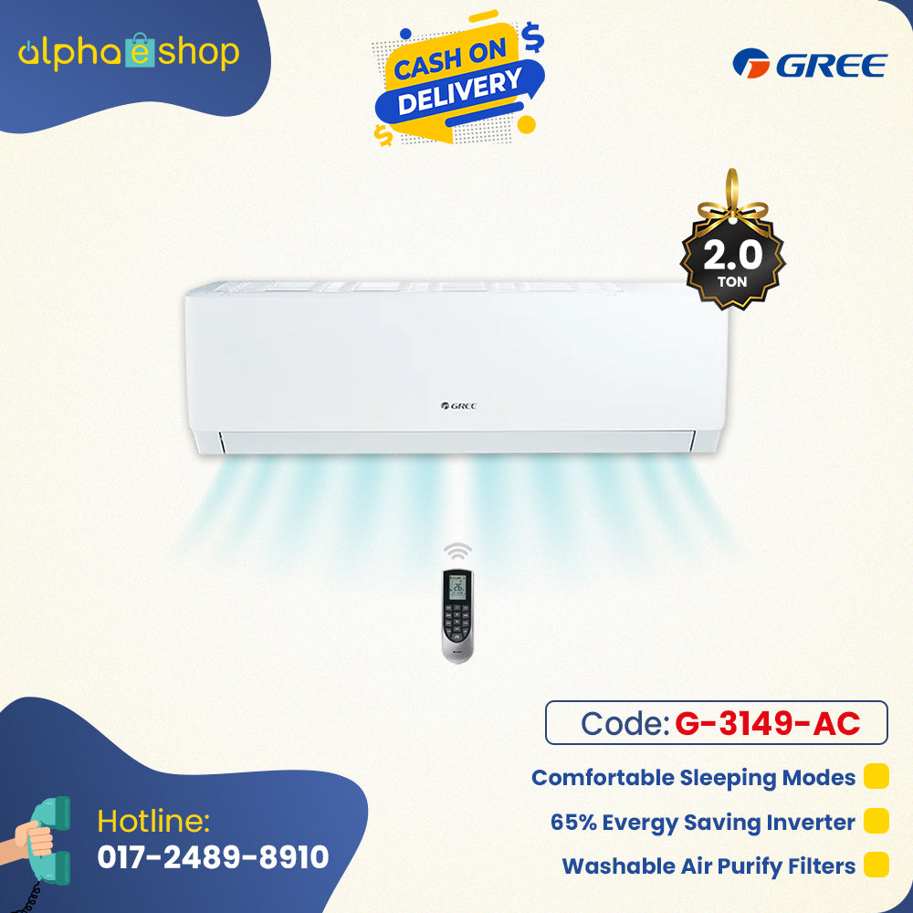 Gree Pular 2 Ton 65% energy saving inverter split AC promo banner featuring comfortable sleeping modes and washable air purify filters.