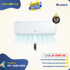 Gree Pular 2 Ton 65% energy saving inverter split AC promo banner featuring comfortable sleeping modes and washable air purify filters.