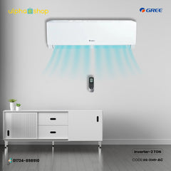 Gree Pular 2 Ton inverter split type air conditioner in white color showing cool air airflow illustration and smart wireless remote control.