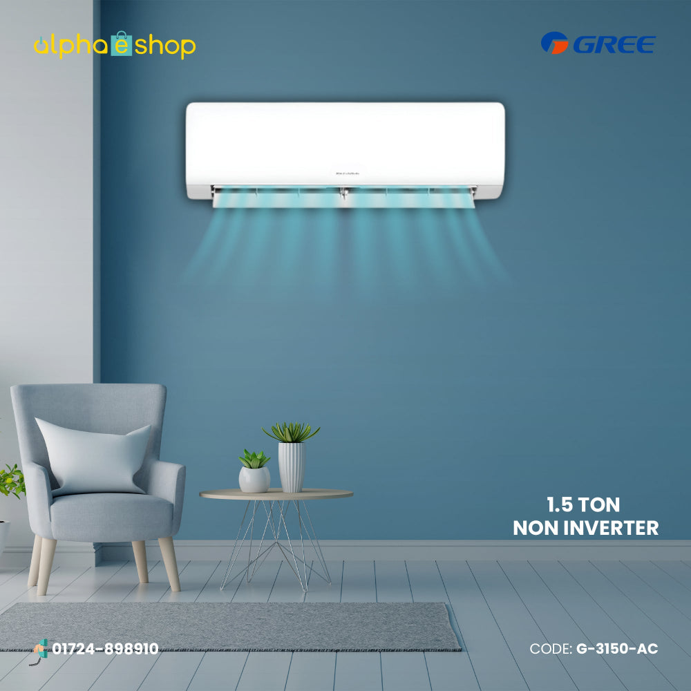Gree 1.5 Ton non-inverter split type air conditioner in white color showing cool air airflow illustration from the wall-mounted indoor unit.