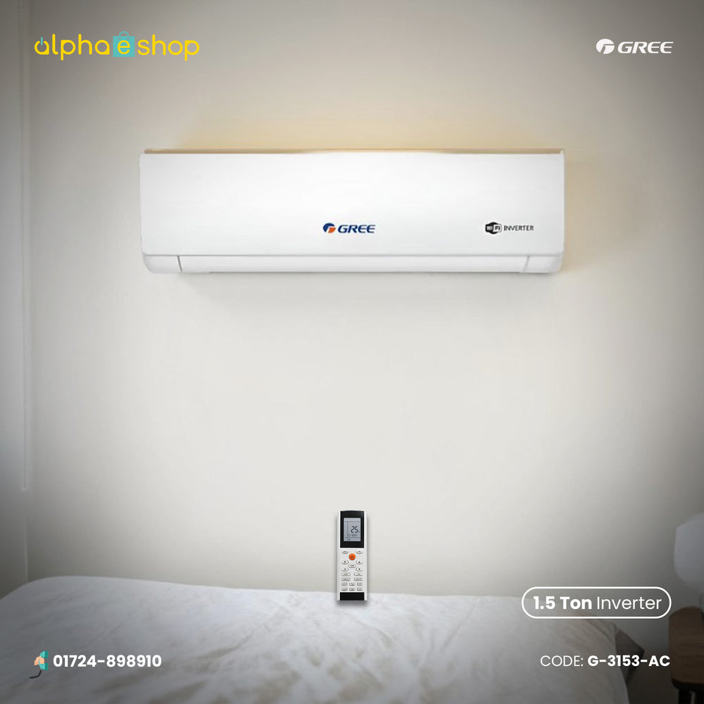 Gree Zeno 1.5 Ton split type inverter air conditioner with remote control, featuring Wi-Fi Inverter connectivity.