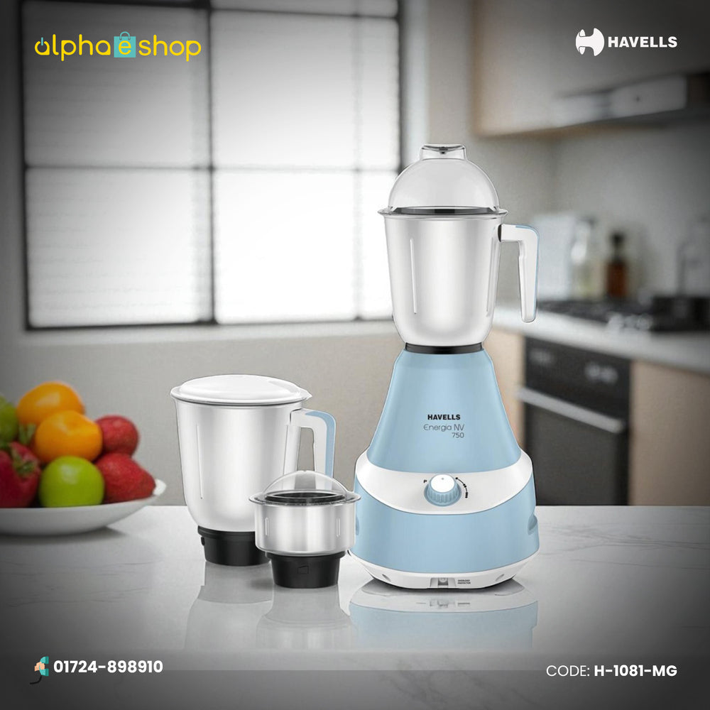 Havells Energia 750W Mixer Grinder (H-1081-MG) in blue with 3 stainless steel jars. Available at Alphaeshop.