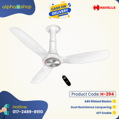 Havells Inox UL - 1200mm ABS ribbed blades Remote control IOT Enable Ceiling Fan (White) H-294