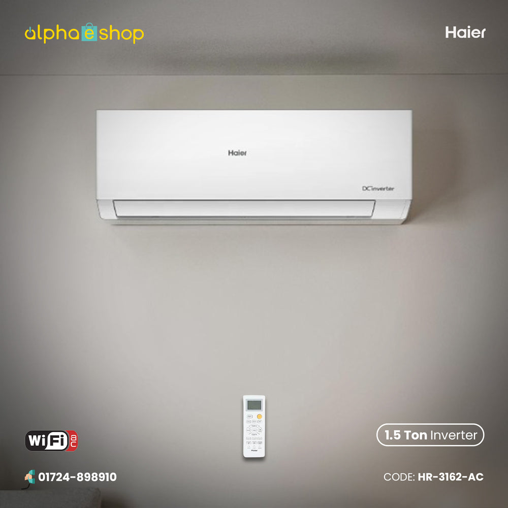Haier WifiCool 1.5 Ton DC Inverter split air conditioner with remote control and Wi-Fi connectivity, model HR-3162-AC.