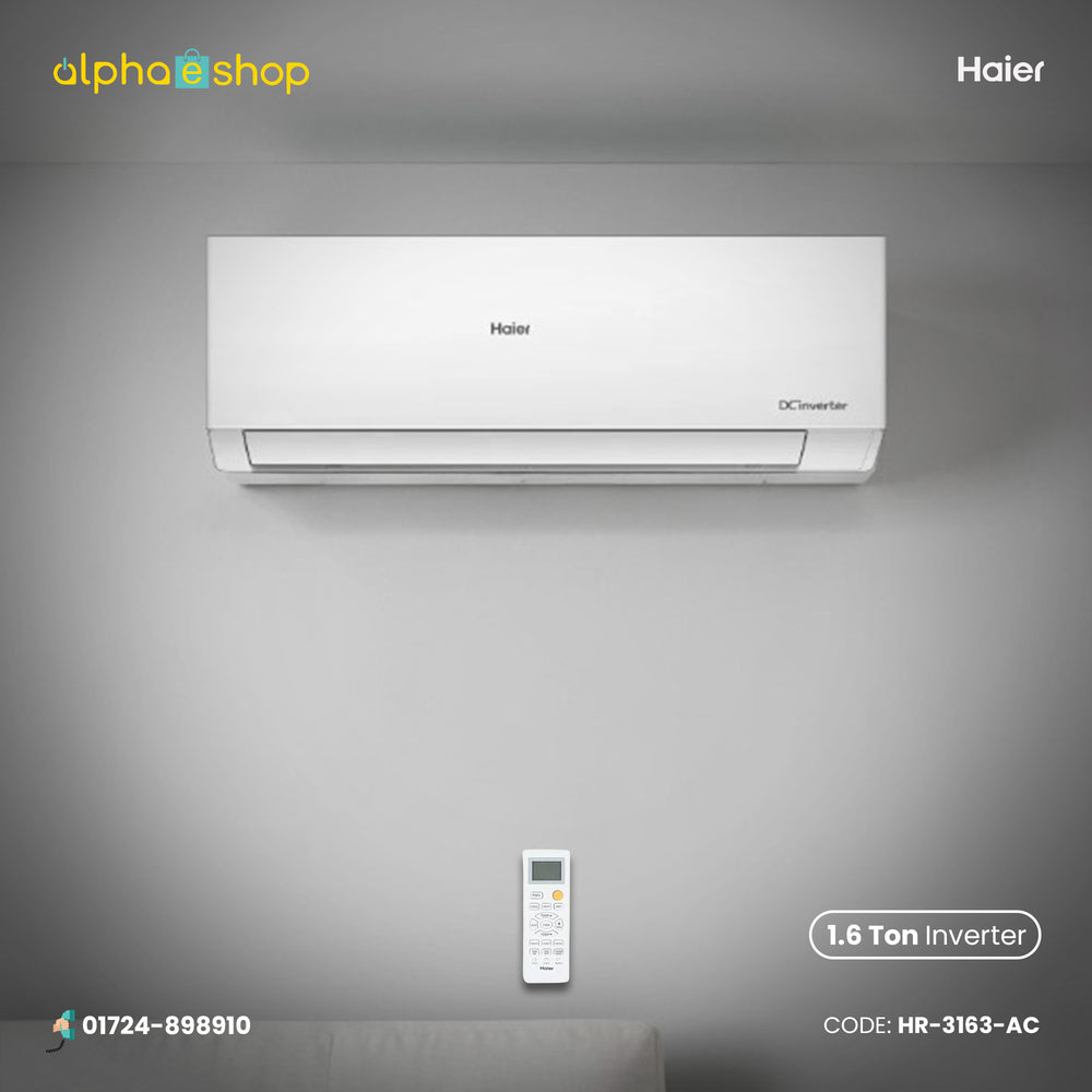 Haier Clean Cool Pro 1.6 Ton DC Inverter air conditioner with remote control, model HR-3163-AC.