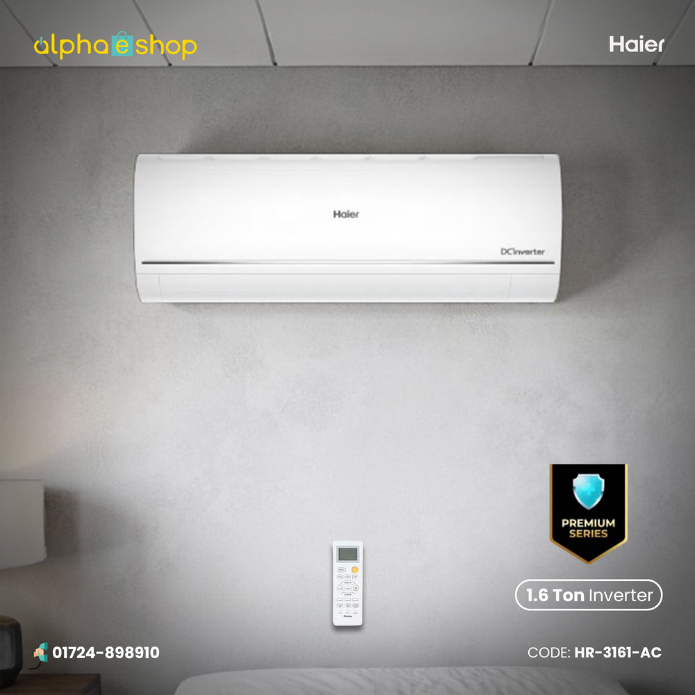 Haier UV Cool Pro Premium Series 1.6 Ton DC Inverter split air conditioner with remote control, model HR-3161-AC.