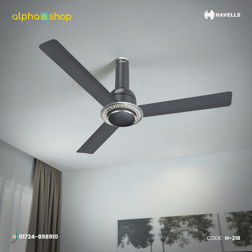 Havells Cera 48-inch BLDC ceiling fan in slate finish featuring an integrated decorative underlight ring, model H-318.