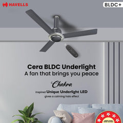 Havells Cera Underlight BLDC ceiling fan in Slate with remote control, featuring a Chakra inspired unique underlight LED halo effect.