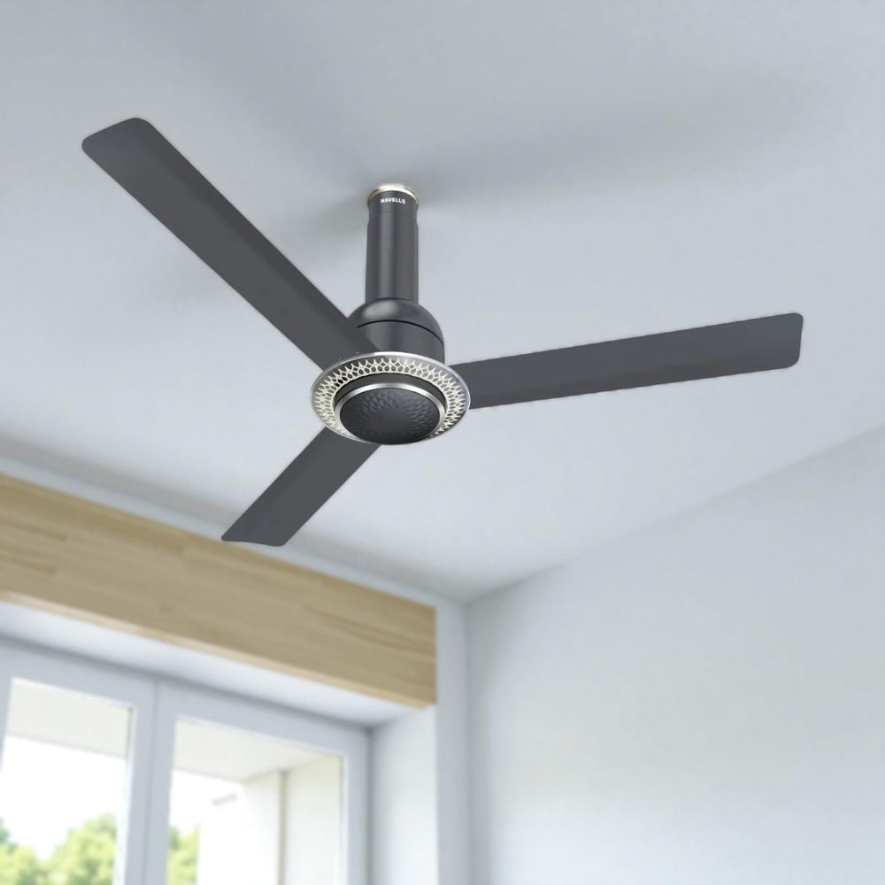 Havells Cera 48 inch Underlight BLDC ceiling fan in Slate with a patterned integrated LED light ring.