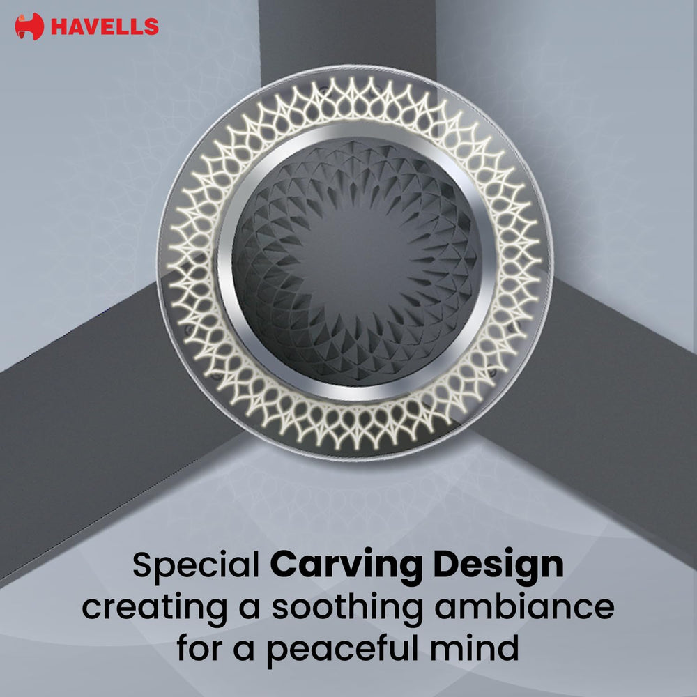 Havells Cera BLDC ceiling fan infographic highlighting the special carving design and unique LED underlight ring.