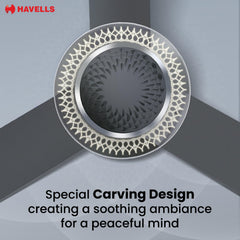 Havells Cera BLDC ceiling fan infographic highlighting the special carving design and unique LED underlight ring.