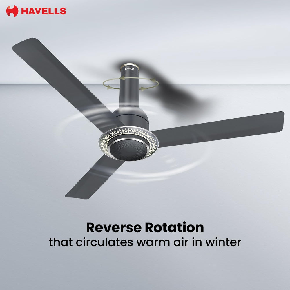 Havells Cera BLDC ceiling fan infographic demonstrating the reverse rotation feature that circulates warm air in winter.