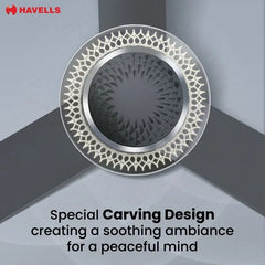 Havells Cera BLDC ceiling fan banner showing the unique patterned carving design and illuminated LED underlight ring.