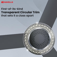Havells Cera BLDC ceiling fan infographic showcasing the first-of-its-kind decorative transparent circular trim pattern.