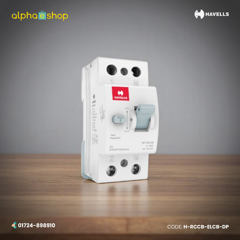 Havells double pole RCCB/ELCB with 16A rating, 30mA residual current protection and test button, model H-RCCB-ELCB-DP.