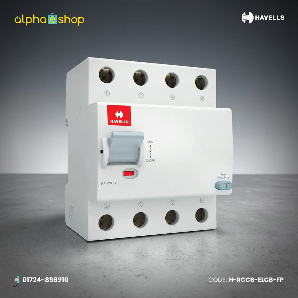 Havells four pole residual current circuit breaker RCCB ELCB in white with test button. Available at Alphaeshop.