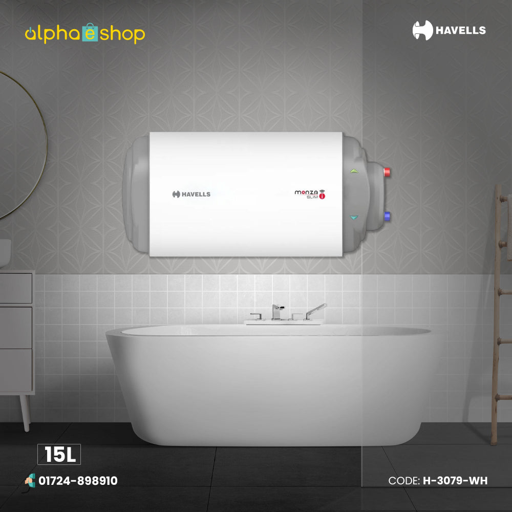 Havells Monza Slim I 15L right side storage water heater in white with horizontal wall-mounted design.