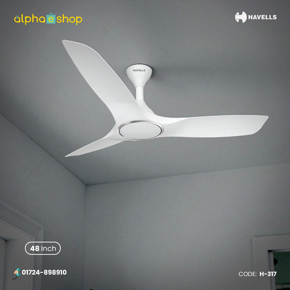 Havells Stealth Air 48 inch ceiling fan in Pearl White with aerodynamic blades, alphaeshop branding, and model code H-317.