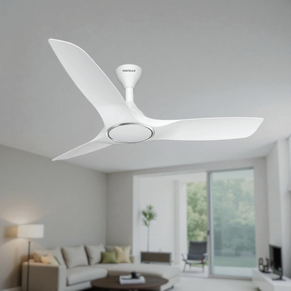 Havells Stealth Air 48 inch ceiling fan in Pearl White featuring aerodynamically designed wide blades.