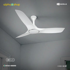 Havells Stealth Air 48 inch ceiling fan in Pearl White with aerodynamic blades, alphaeshop branding, and model code H-317.