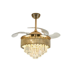 Qulik 48-inch golden ceiling fan featuring a crystal chandelier light fixture and retractable invisible blades.