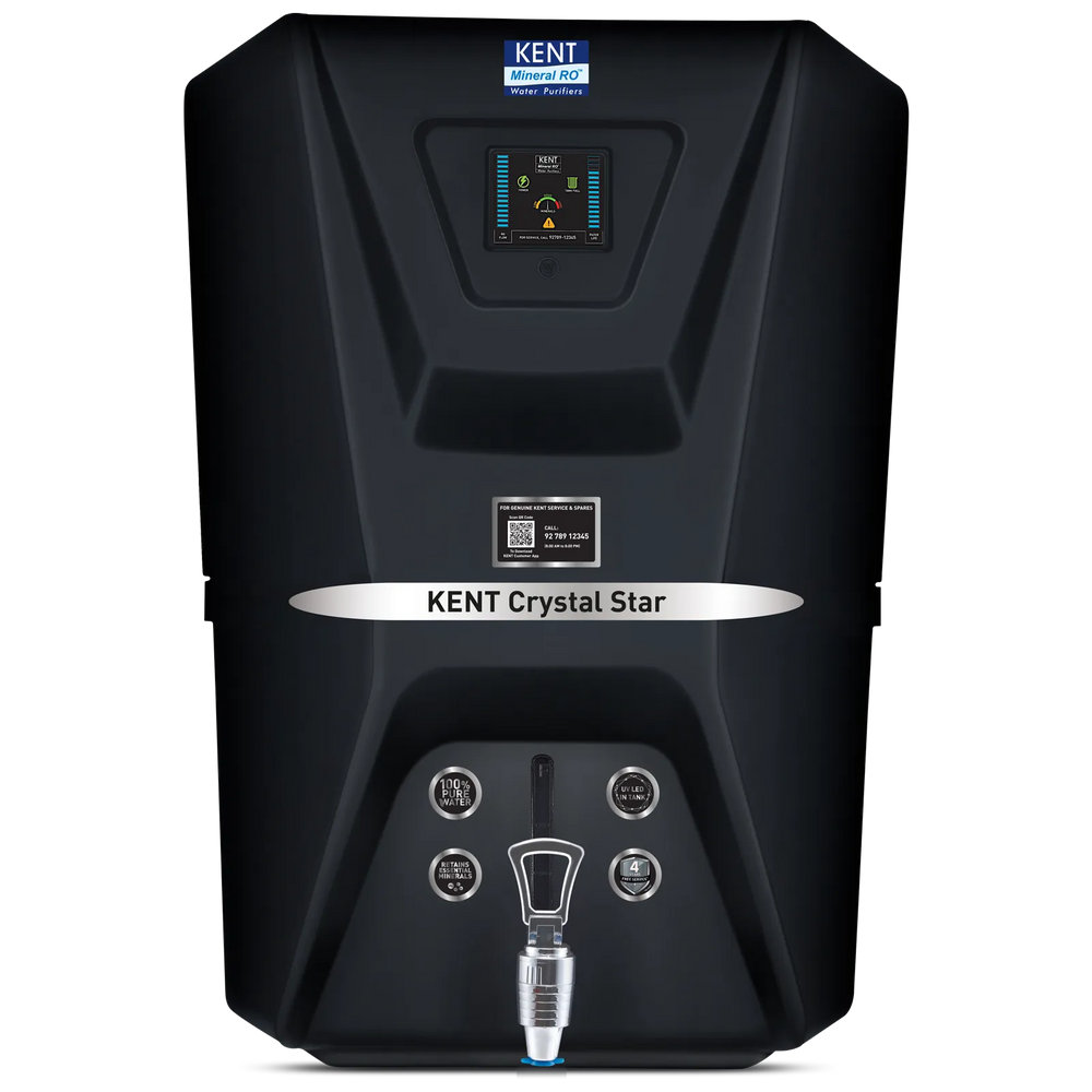 Kent Crystal Star mineral RO water purifier in black featuring an integrated digital status screen, a clear tap dispenser, and a matte black finish.