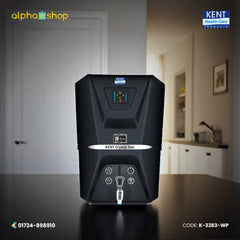 Kent Crystal Star water purifier in black featuring an interactive digital screen display, clear tap dispenser, and mineral RO technology.