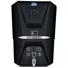 Kent Crystal Star mineral RO water purifier in black featuring an integrated digital status screen, a clear tap dispenser, and a matte black finish.