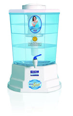 Kent Gold+ gravity storage water purifier with blue transparent body, white base, integrated UF membrane filter, and manual tap dispenser.
