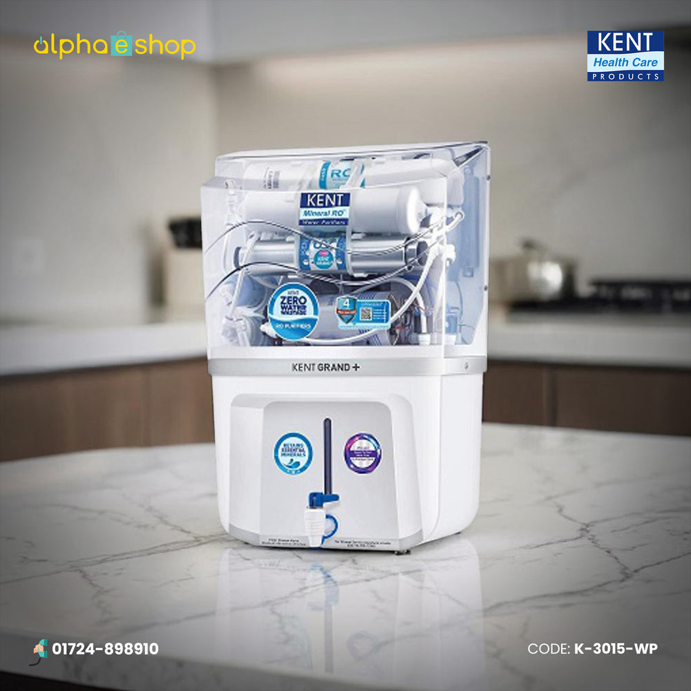 Kent Grand Plus water purifier in white, model K-3015-WP, with transparent top housing Mineral RO and Zero Water Wastage technology.