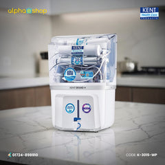 Kent Grand Plus water purifier in white, model K-3015-WP, with transparent top housing Mineral RO and Zero Water Wastage technology.
