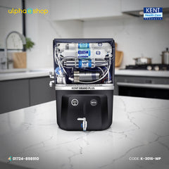 Kent Grand Plus water purifier in black, model K-3016-WP, with transparent top showing RO+UV+UF+TDS Control technology.