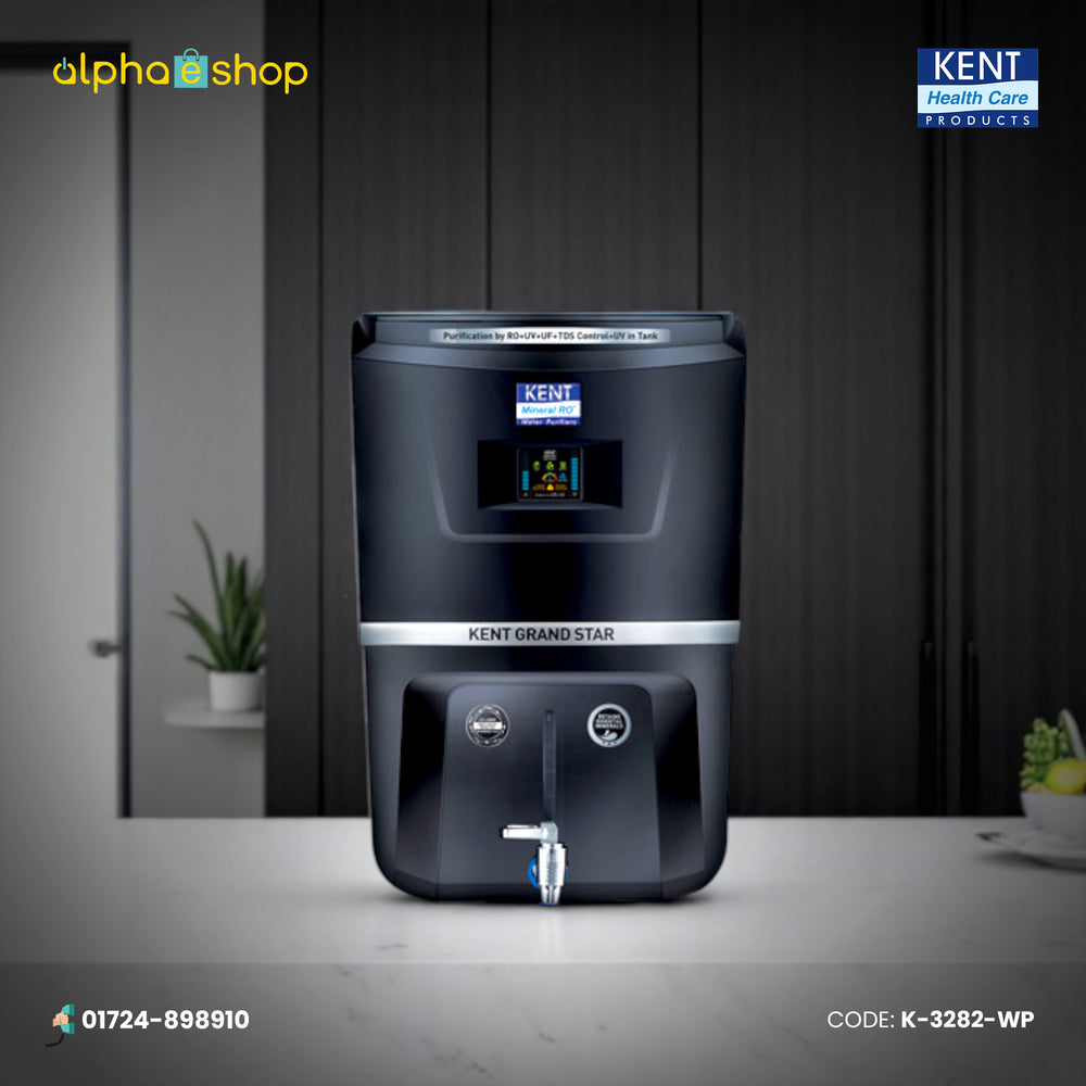 Kent Grand Star water purifier in black featuring a digital display, chrome tap dispenser, and multiple purification technologies.