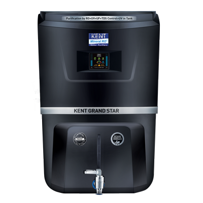 Kent Grand Star mineral RO water purifier in black featuring an integrated digital display panel, a chrome tap dispenser, and purification tech.