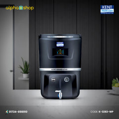 Kent Grand Star water purifier in black featuring a digital display, chrome tap dispenser, and multiple purification technologies.