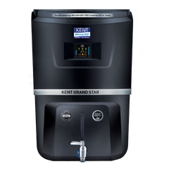 Kent Grand Star mineral RO water purifier in black featuring an integrated digital display panel, a chrome tap dispenser, and purification tech.